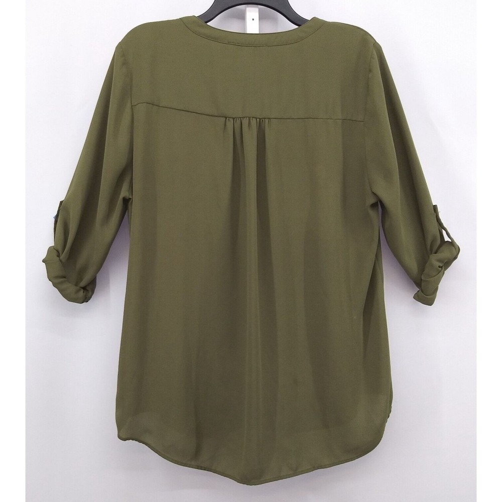 Black Rainn Shirt Women's Green Roll Tab Long Sleeve Button Up - Picture 2 of 8